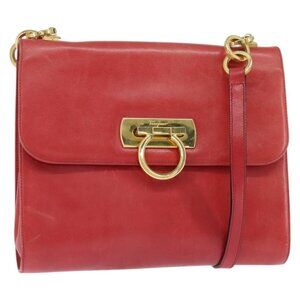 Authentic Salvatore Ferragamo Gancini Shoulder Bag Leather Red Gold
